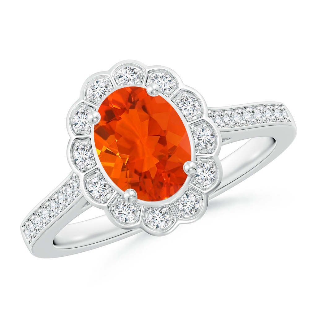 8x6mm AAA Vintage Style Fire Opal & Diamond Scalloped Halo Ring in White Gold