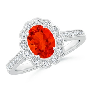 8x6mm AAAA Vintage Style Fire Opal & Diamond Scalloped Halo Ring in P950 Platinum