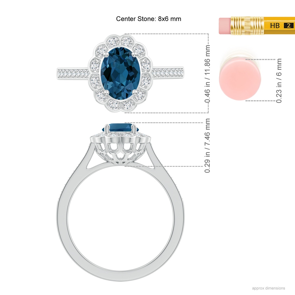 8x6mm AAA Vintage Style London Blue Topaz & Diamond Scalloped Halo Ring in White Gold Ruler