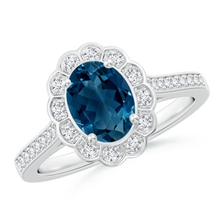 8x6mm AAAA Vintage Style London Blue Topaz & Diamond Scalloped Halo Ring in White Gold