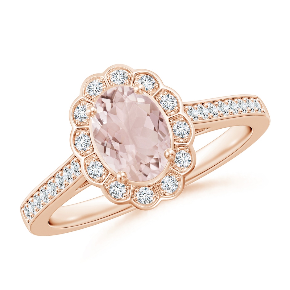 7x5mm A Vintage Style Morganite & Diamond Scalloped Halo Ring in Rose Gold 
