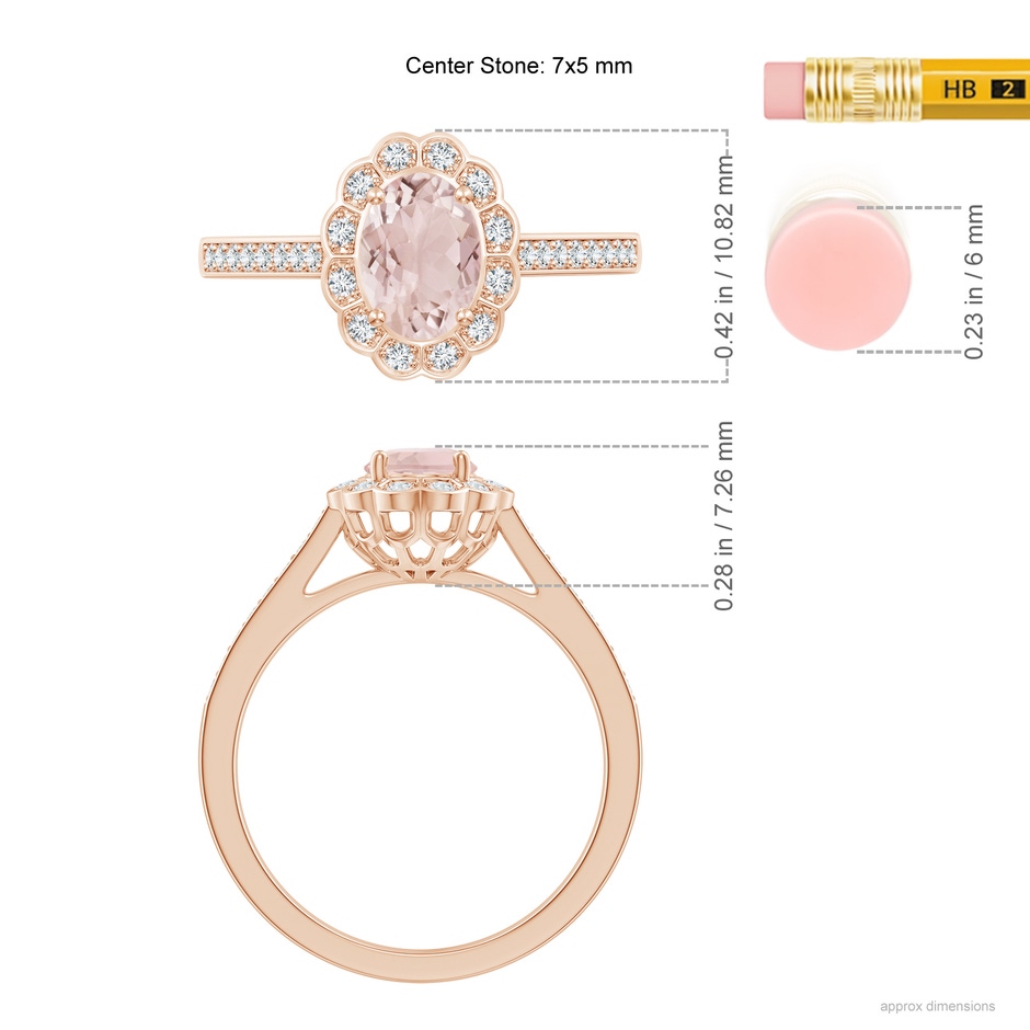 7x5mm A Vintage Style Morganite & Diamond Scalloped Halo Ring in Rose Gold ruler