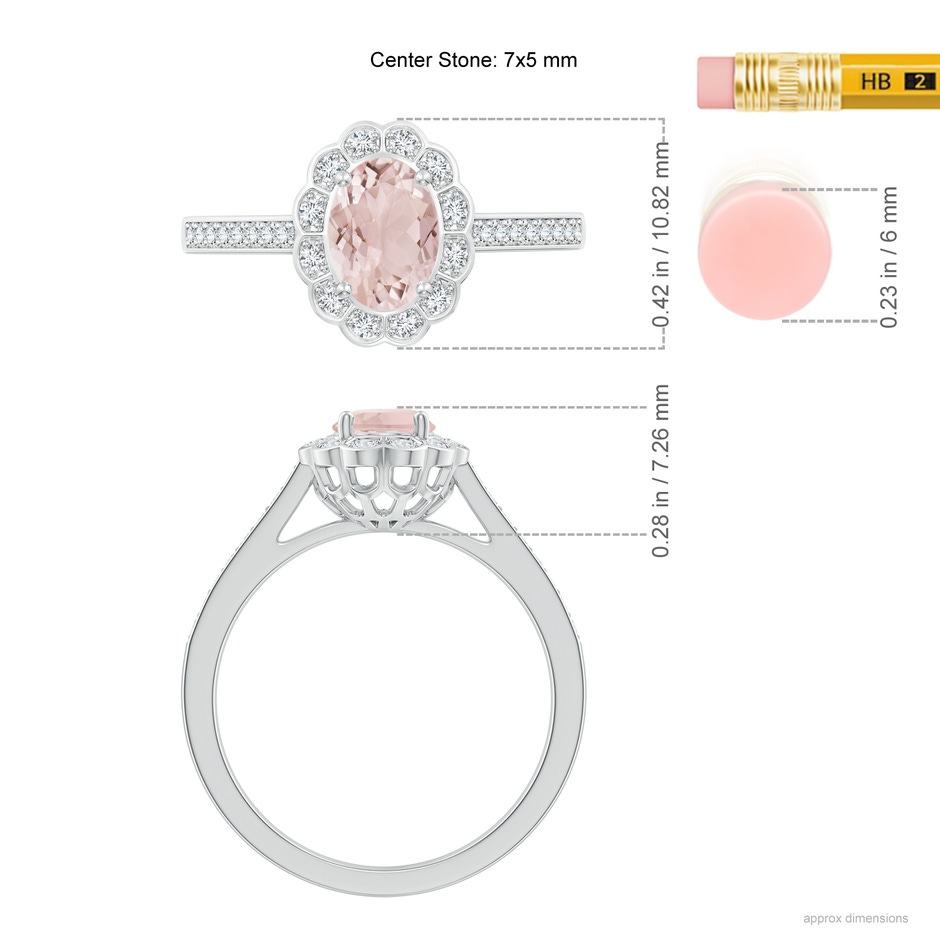 7x5mm A Vintage Style Morganite & Diamond Scalloped Halo Ring in White Gold ruler