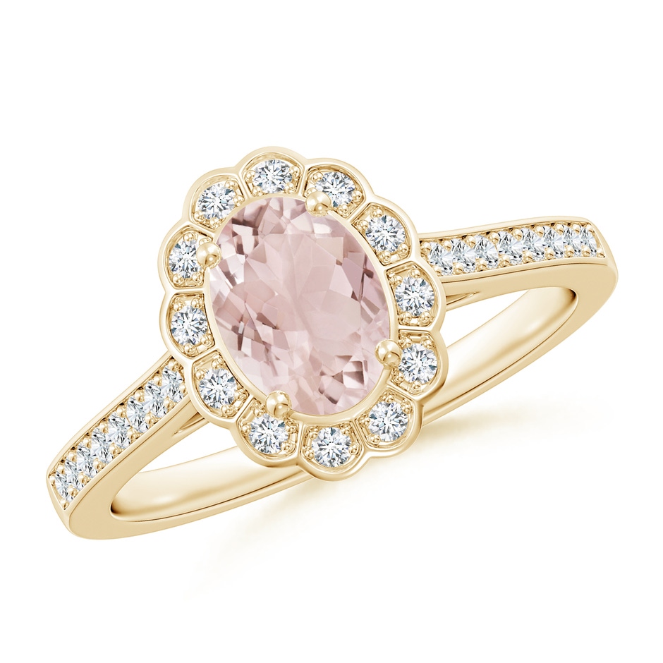 7x5mm A Vintage Style Morganite & Diamond Scalloped Halo Ring in Yellow Gold 