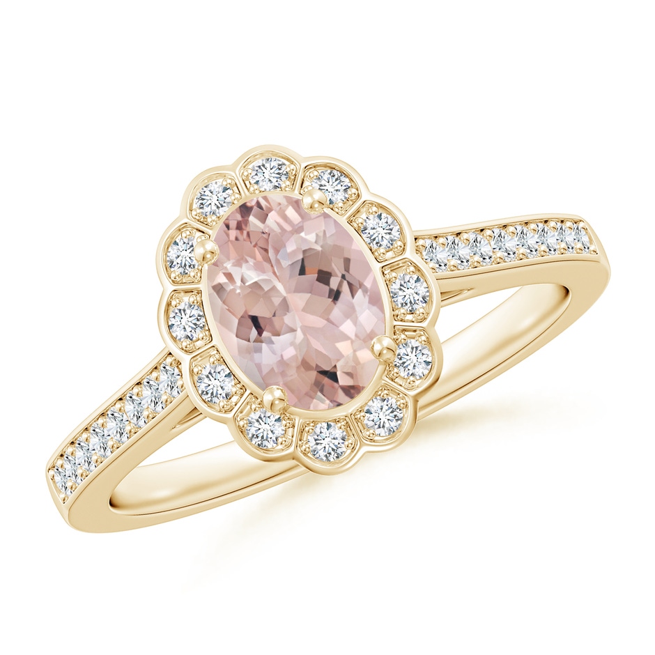 7x5mm AA Vintage Style Morganite & Diamond Scalloped Halo Ring in Yellow Gold 