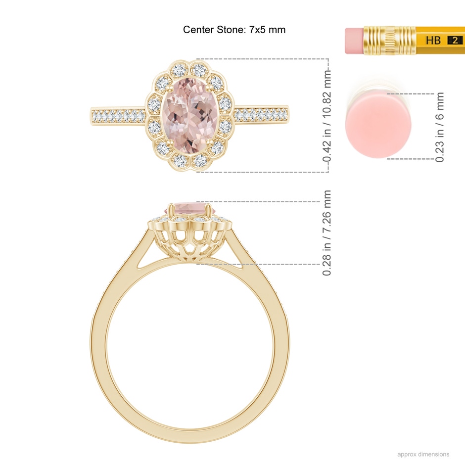 7x5mm AA Vintage Style Morganite & Diamond Scalloped Halo Ring in Yellow Gold ruler