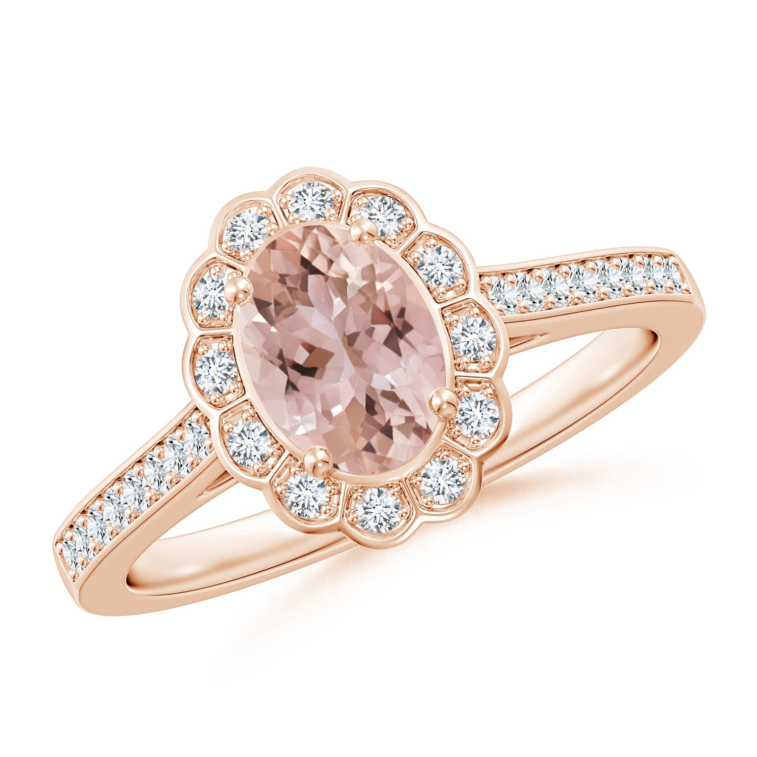 7x5mm AAA Vintage Style Morganite & Diamond Scalloped Halo Ring in Rose Gold