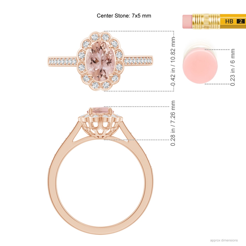 7x5mm AAA Vintage Style Morganite & Diamond Scalloped Halo Ring in Rose Gold ruler