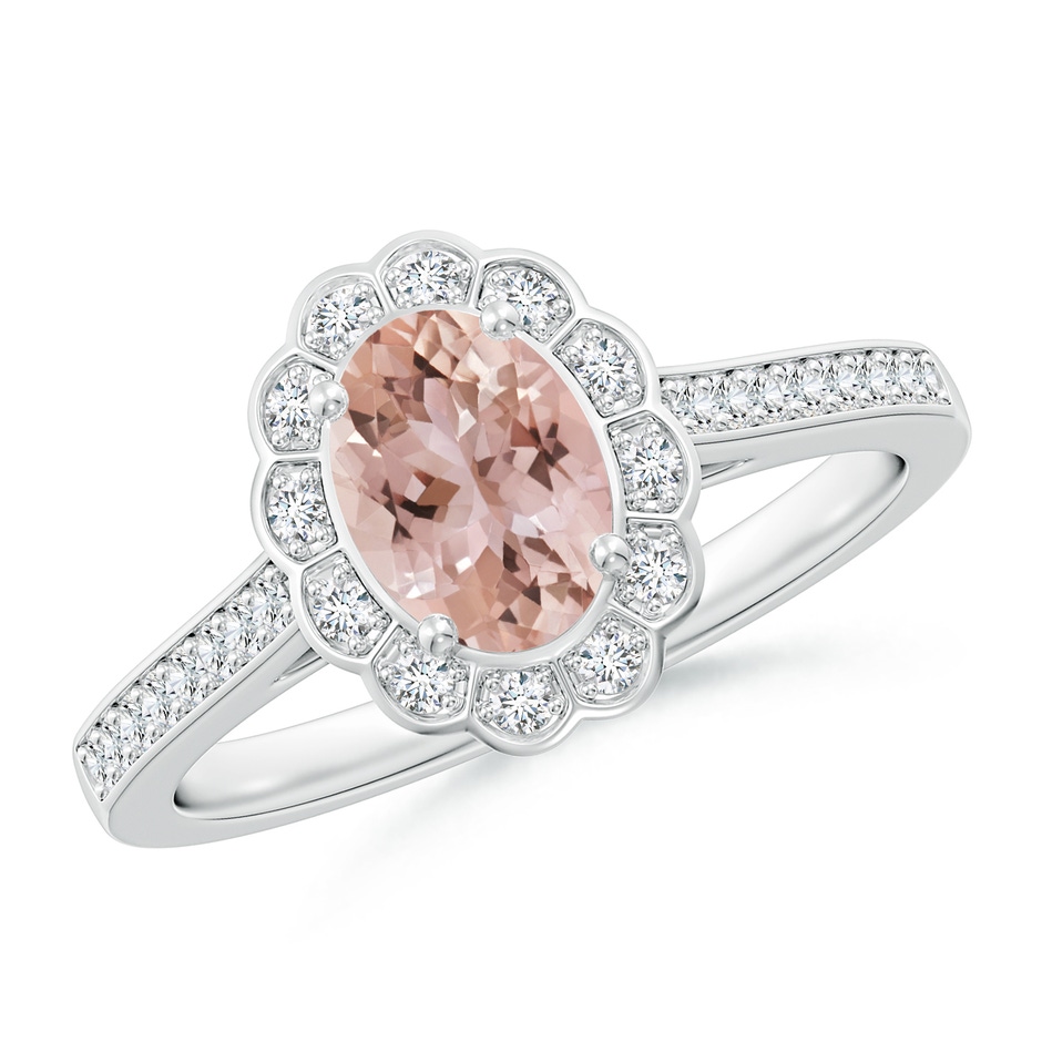 7x5mm AAA Vintage Style Morganite & Diamond Scalloped Halo Ring in White Gold 