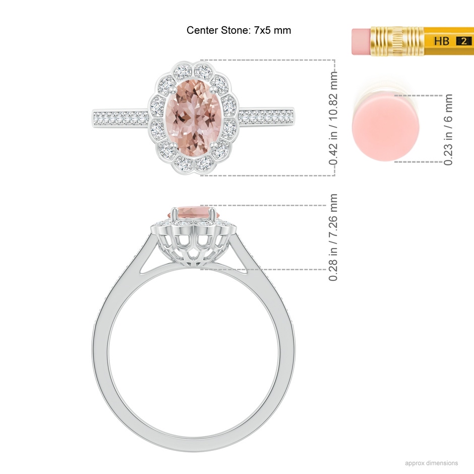 7x5mm AAA Vintage Style Morganite & Diamond Scalloped Halo Ring in White Gold ruler