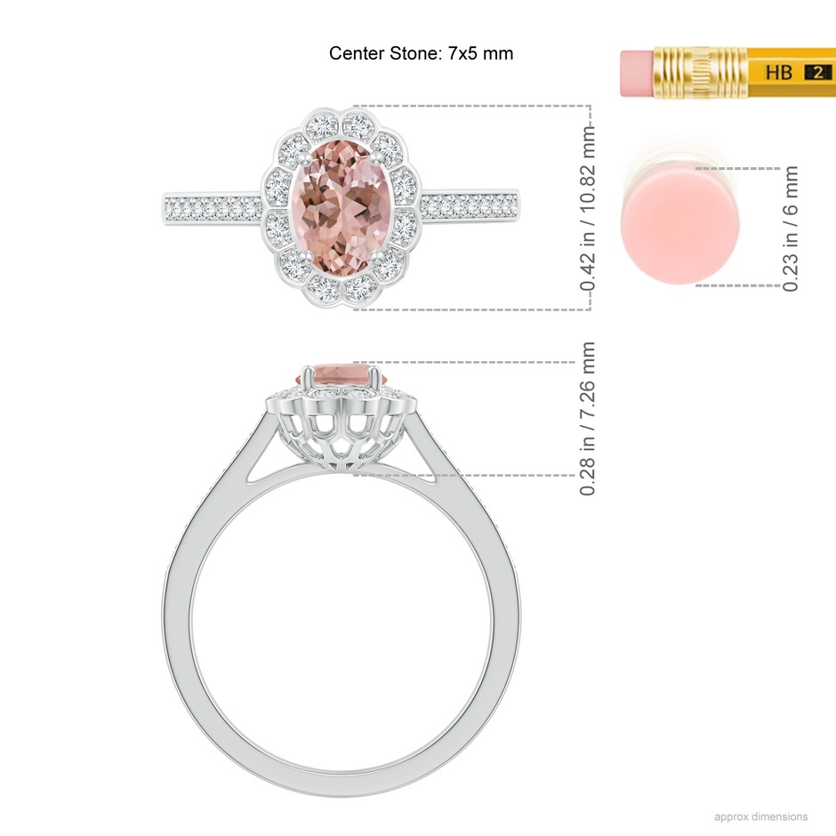 7x5mm AAAA Vintage Style Morganite & Diamond Scalloped Halo Ring in P950 Platinum ruler