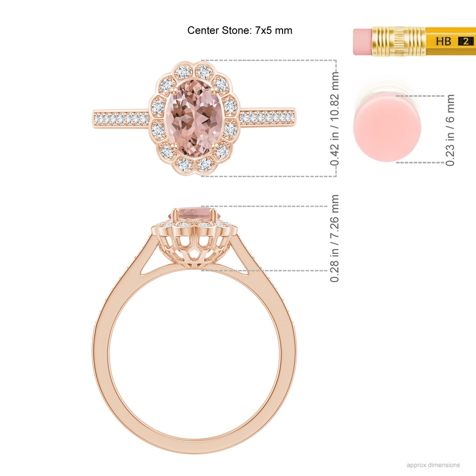 7x5mm AAAA Vintage Style Morganite & Diamond Scalloped Halo Ring in Rose Gold ruler