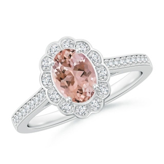 7x5mm AAAA Vintage Style Morganite & Diamond Scalloped Halo Ring in White Gold