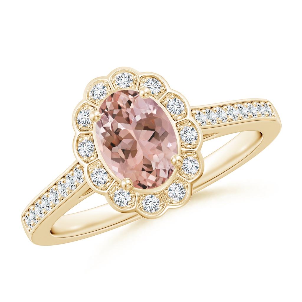 7x5mm AAAA Vintage Style Morganite & Diamond Scalloped Halo Ring in Yellow Gold