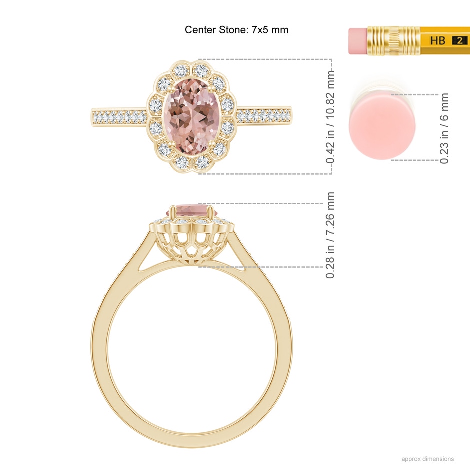 7x5mm AAAA Vintage Style Morganite & Diamond Scalloped Halo Ring in Yellow Gold ruler