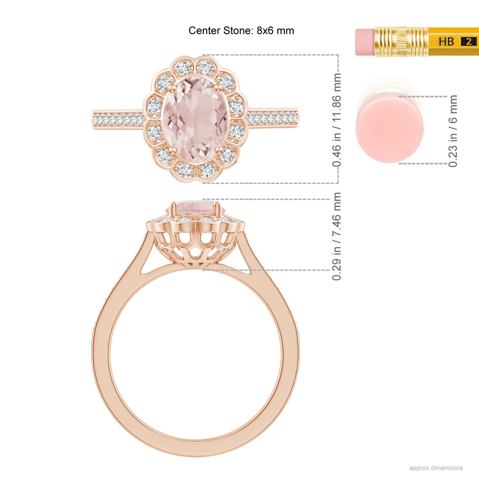 8x6mm A Vintage Style Morganite & Diamond Scalloped Halo Ring in Rose Gold ruler