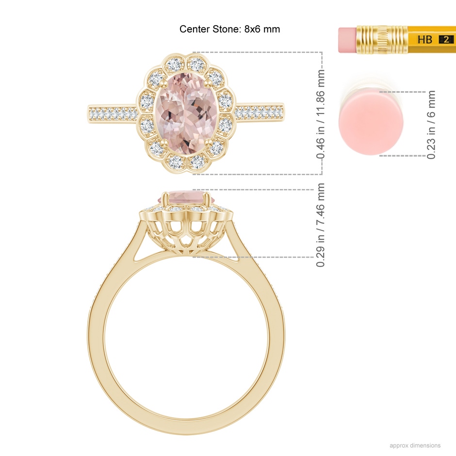 8x6mm AA Vintage Style Morganite & Diamond Scalloped Halo Ring in Yellow Gold ruler