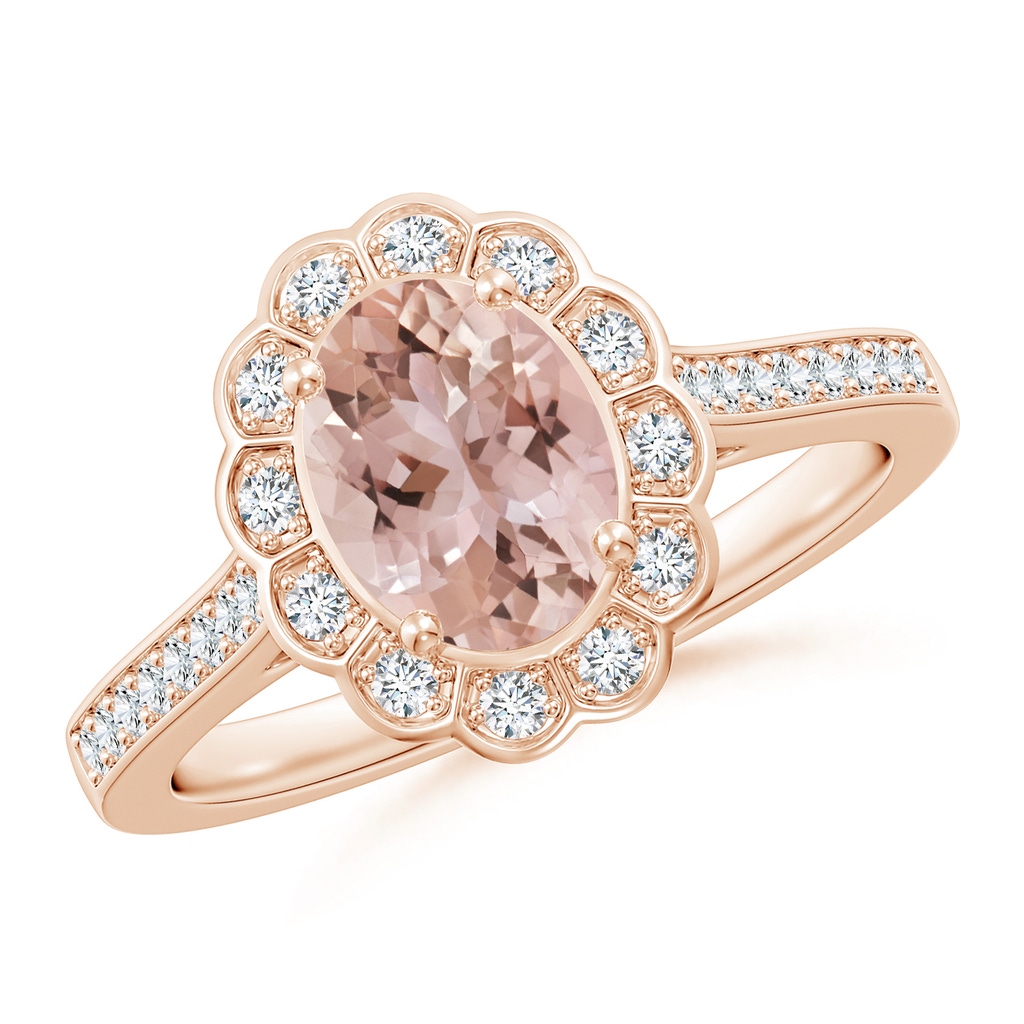 8x6mm AAA Vintage Style Morganite & Diamond Scalloped Halo Ring in Rose Gold