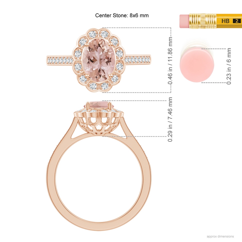 8x6mm AAA Vintage Style Morganite & Diamond Scalloped Halo Ring in Rose Gold ruler