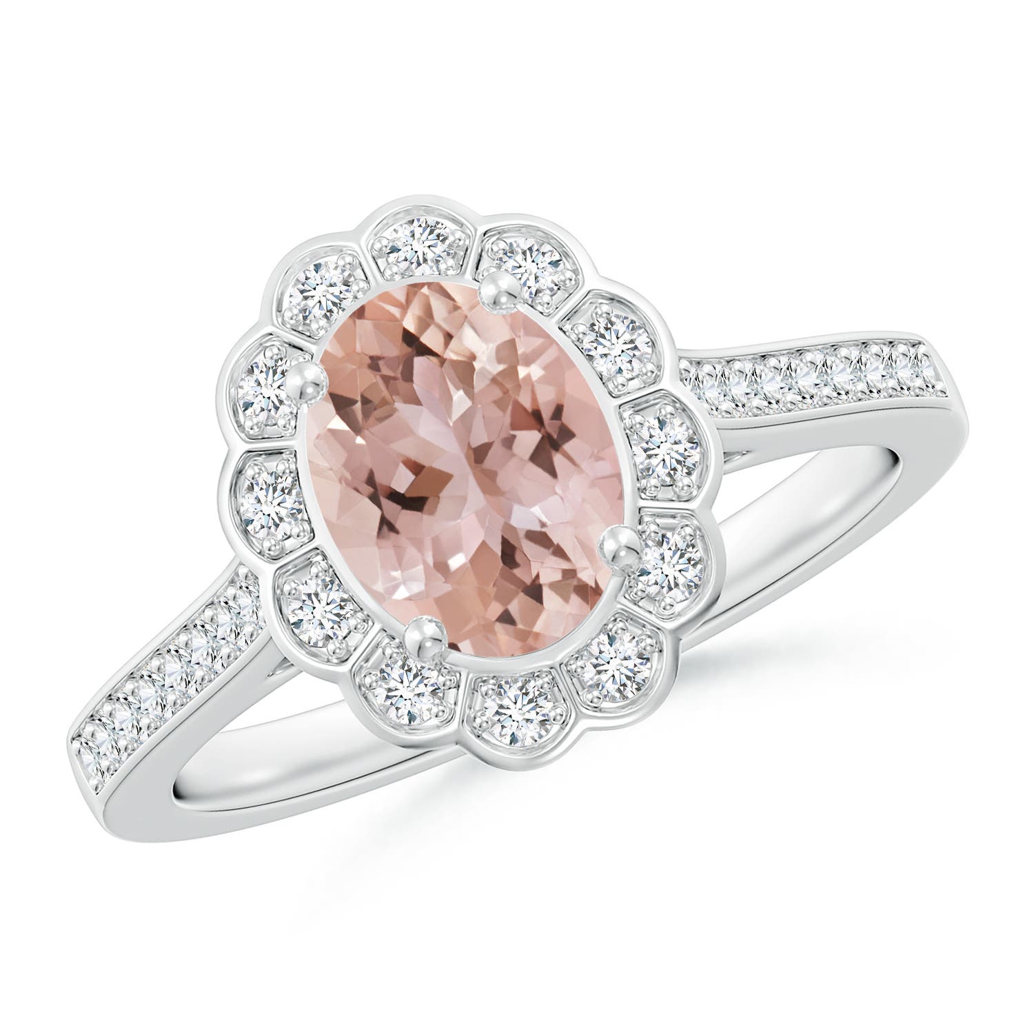 8x6mm AAA Vintage Style Morganite & Diamond Scalloped Halo Ring in White Gold