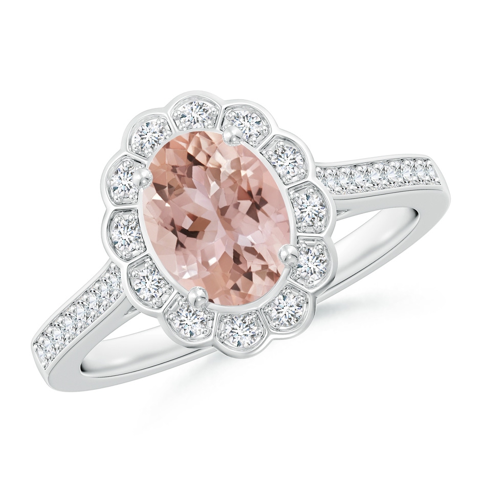 8x6mm AAA Vintage Style Morganite & Diamond Scalloped Halo Ring in White Gold 