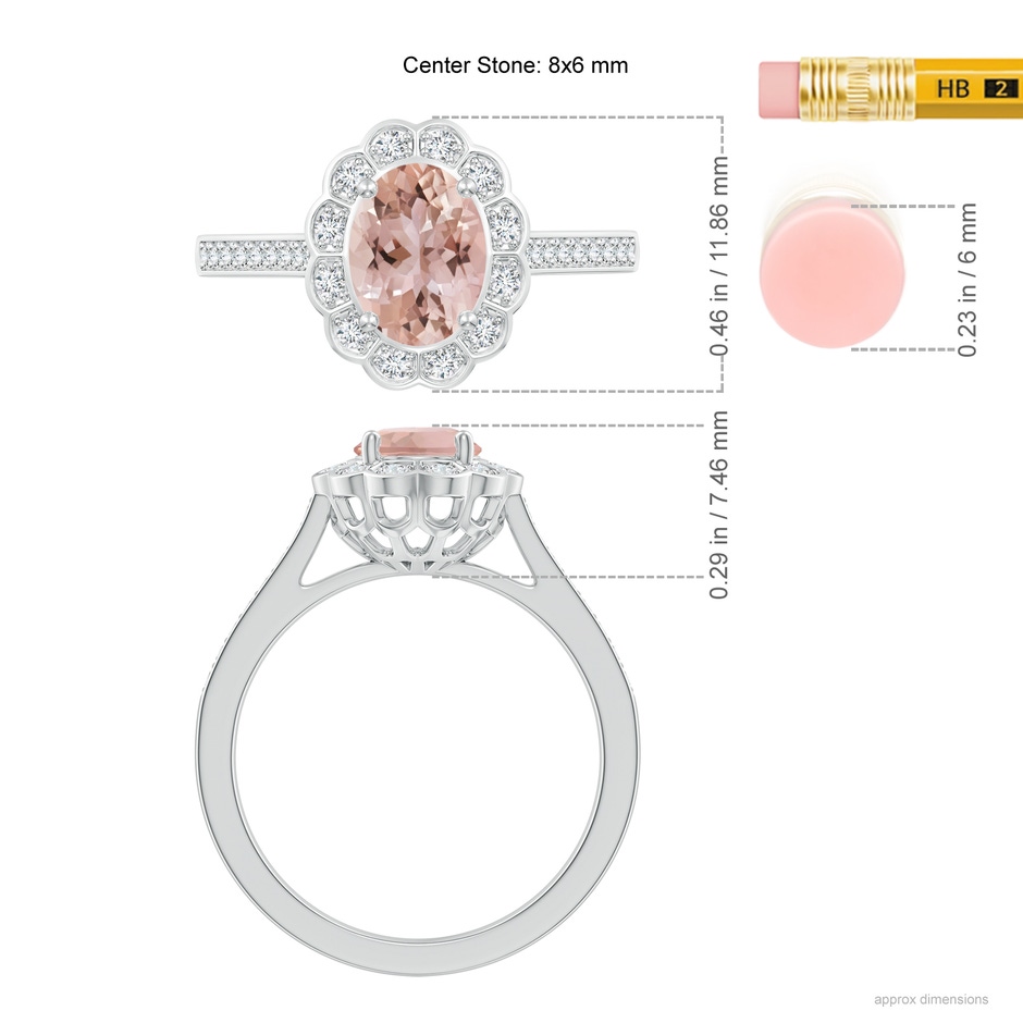 8x6mm AAA Vintage Style Morganite & Diamond Scalloped Halo Ring in White Gold ruler