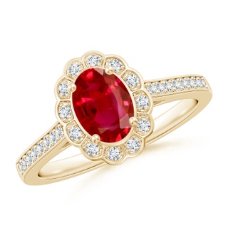 7x5mm AAA Vintage Style Ruby & Diamond Scalloped Halo Ring in 9K Yellow Gold