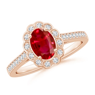 7x5mm AAA Vintage Style Ruby & Diamond Scalloped Halo Ring in Rose Gold
