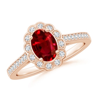 7x5mm AAAA Vintage Style Ruby & Diamond Scalloped Halo Ring in Rose Gold