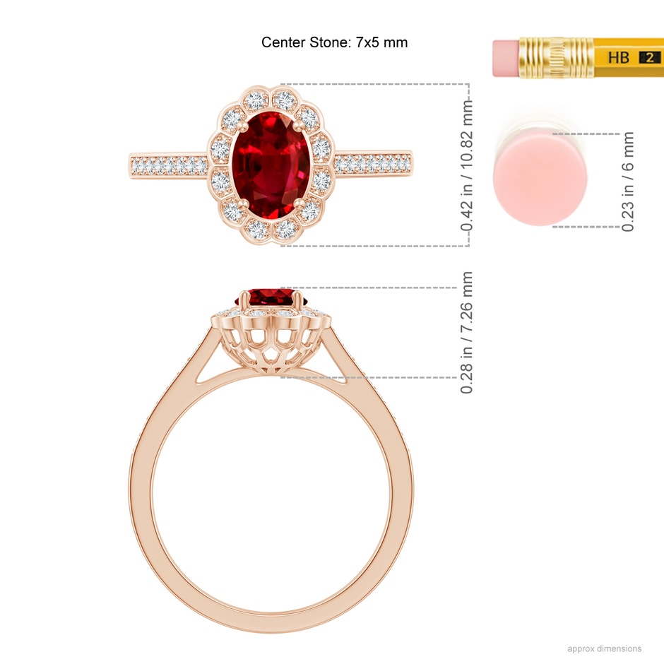 7x5mm Lab-Grown Vintage Style Ruby & Diamond Scalloped Halo Ring in Rose Gold ruler