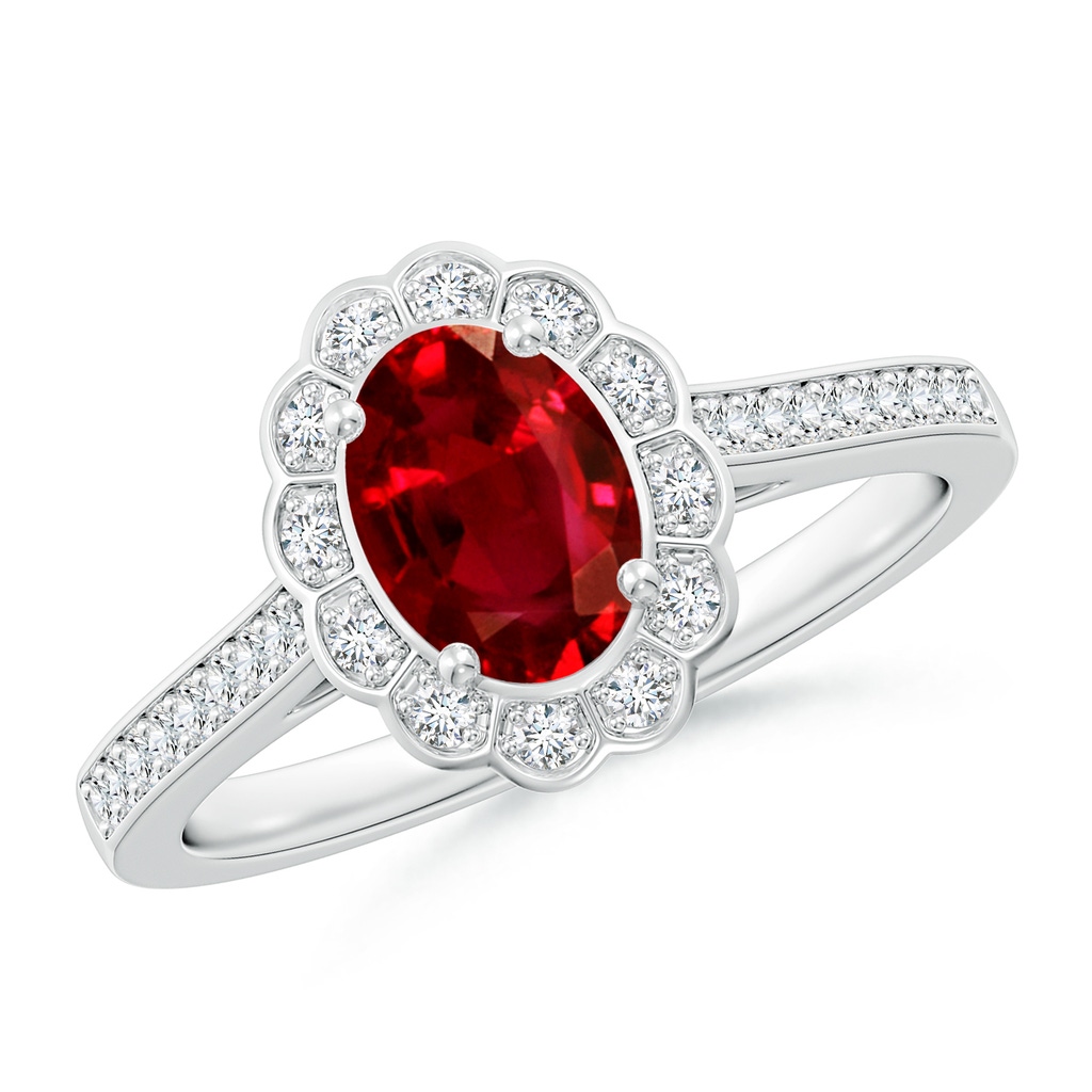 7x5mm Lab-Grown Vintage Style Ruby & Diamond Scalloped Halo Ring in White Gold