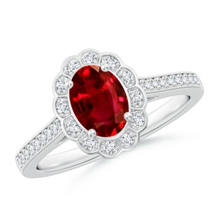 7x5mm AAAA Vintage Style Ruby & Diamond Scalloped Halo Ring in White Gold