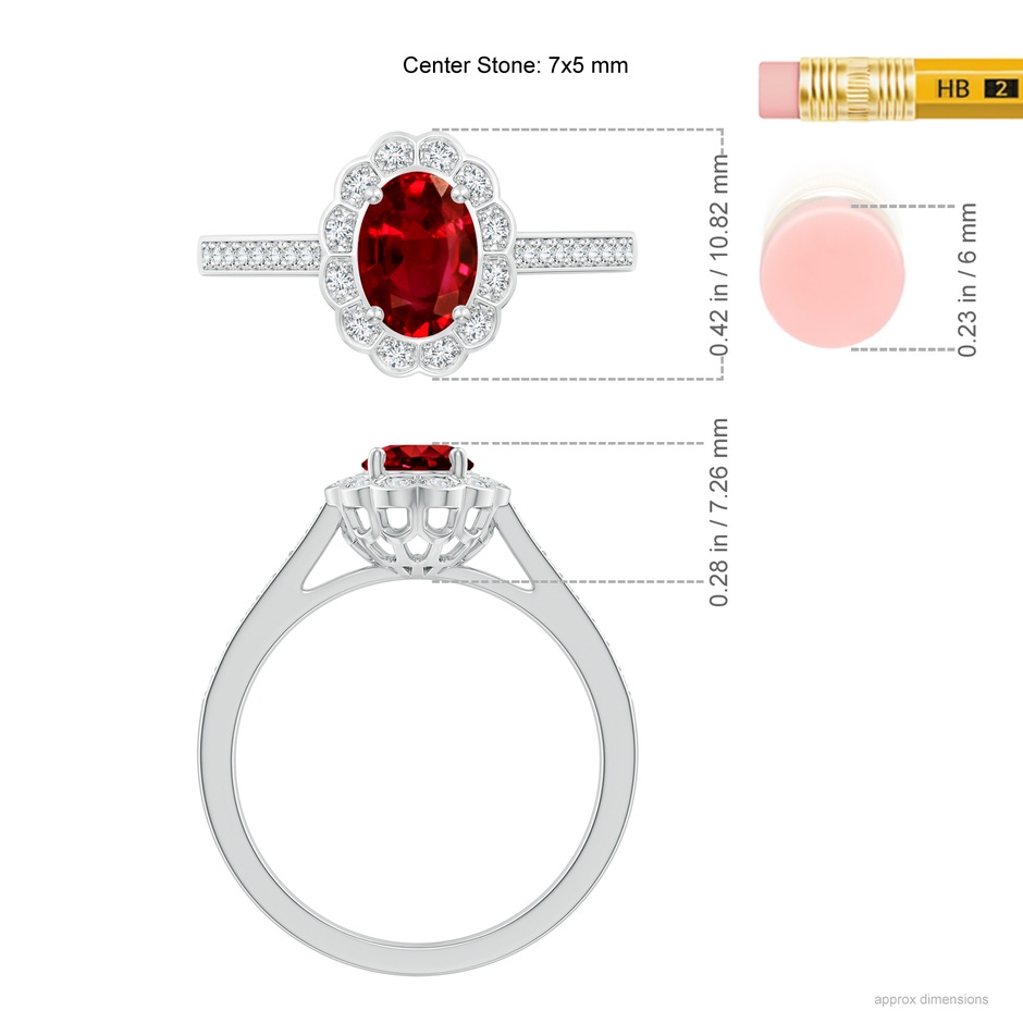 7x5mm Lab-Grown Vintage Style Ruby & Diamond Scalloped Halo Ring in White Gold ruler