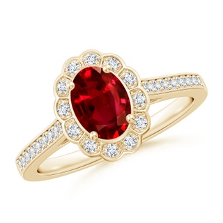 7x5mm AAAA Vintage Style Ruby & Diamond Scalloped Halo Ring in Yellow Gold