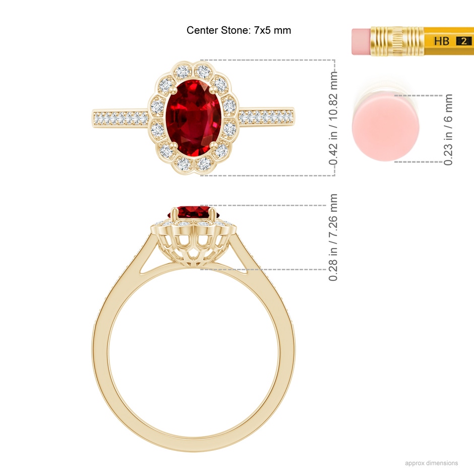 7x5mm Lab-Grown Vintage Style Ruby & Diamond Scalloped Halo Ring in Yellow Gold ruler