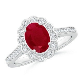 8x6mm AA Vintage Style Ruby & Diamond Scalloped Halo Ring in White Gold