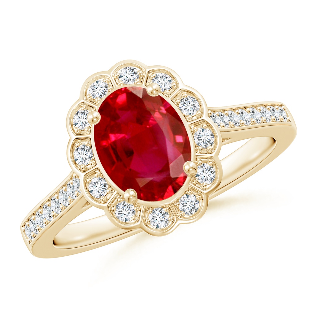 8x6mm AAA Vintage Style Ruby & Diamond Scalloped Halo Ring in Yellow Gold