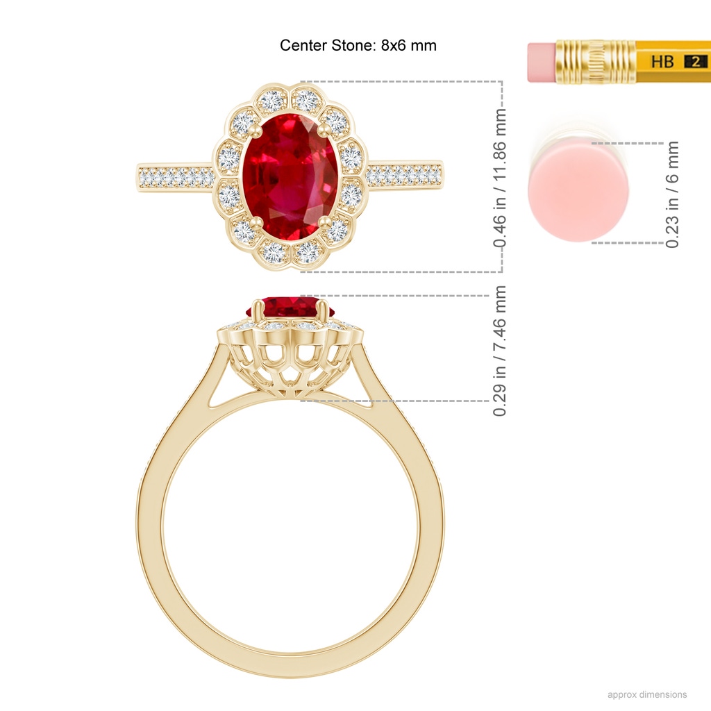 8x6mm AAA Vintage Style Ruby & Diamond Scalloped Halo Ring in Yellow Gold ruler