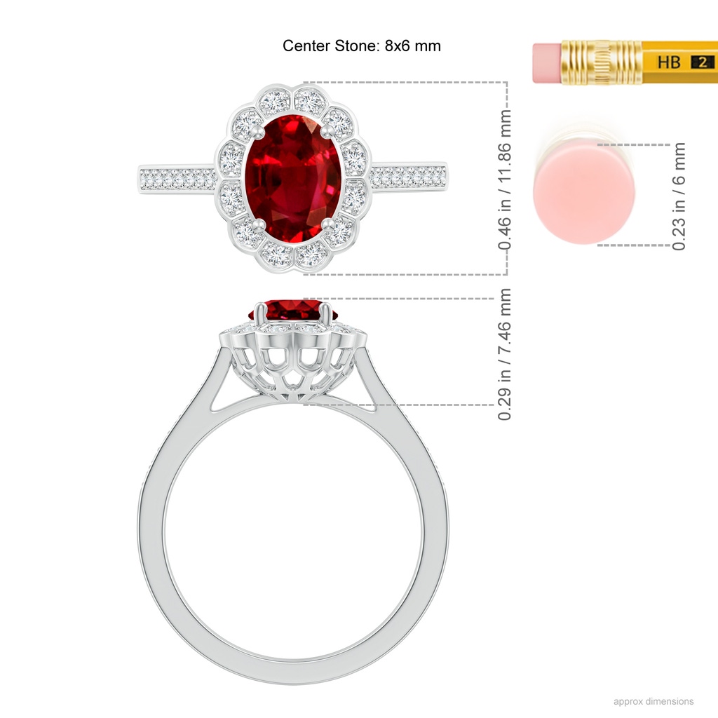 8x6mm AAAA Vintage Style Ruby & Diamond Scalloped Halo Ring in P950 Platinum ruler