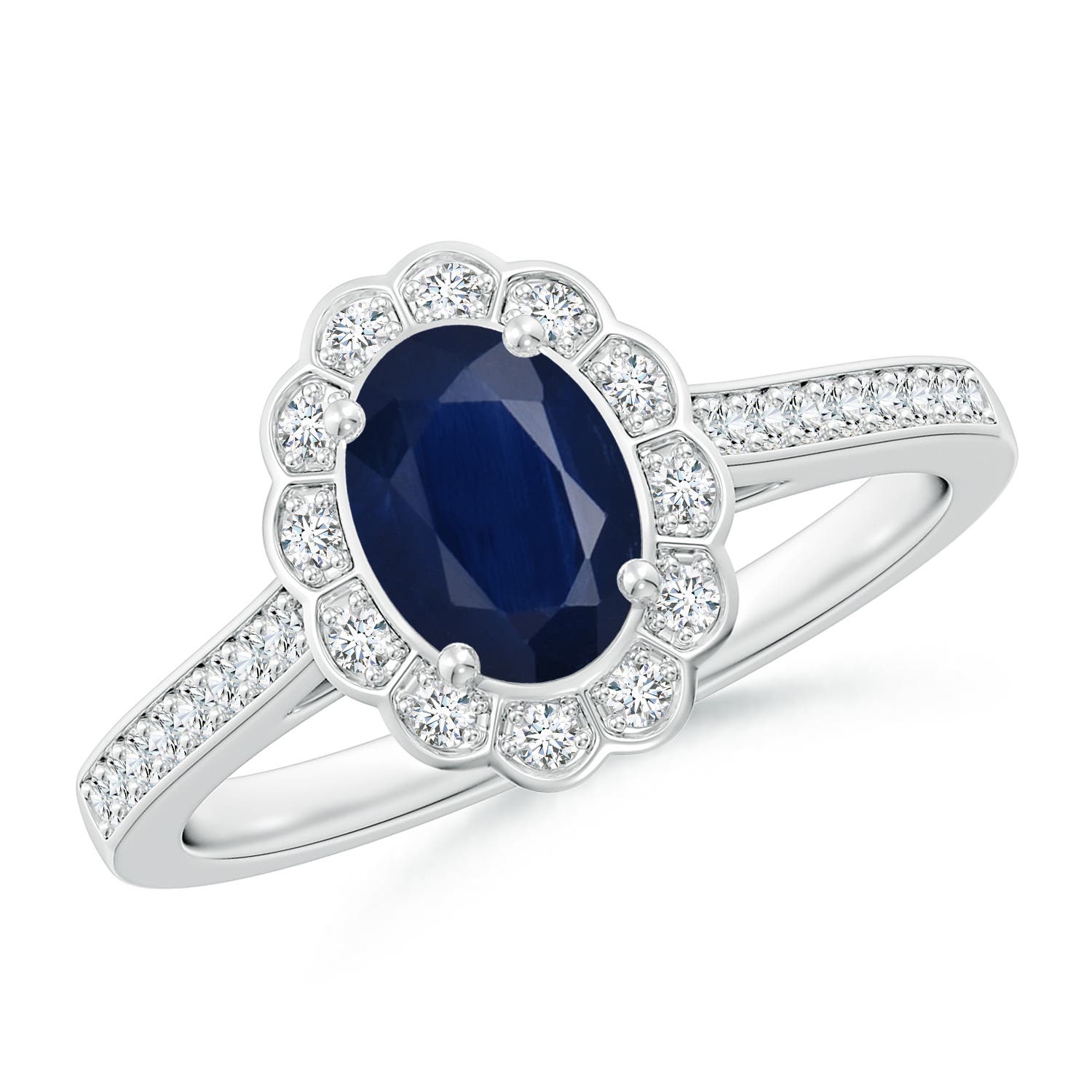 7x5mm A Vintage Style Sapphire & Diamond Scalloped Halo Ring in P950 Platinum