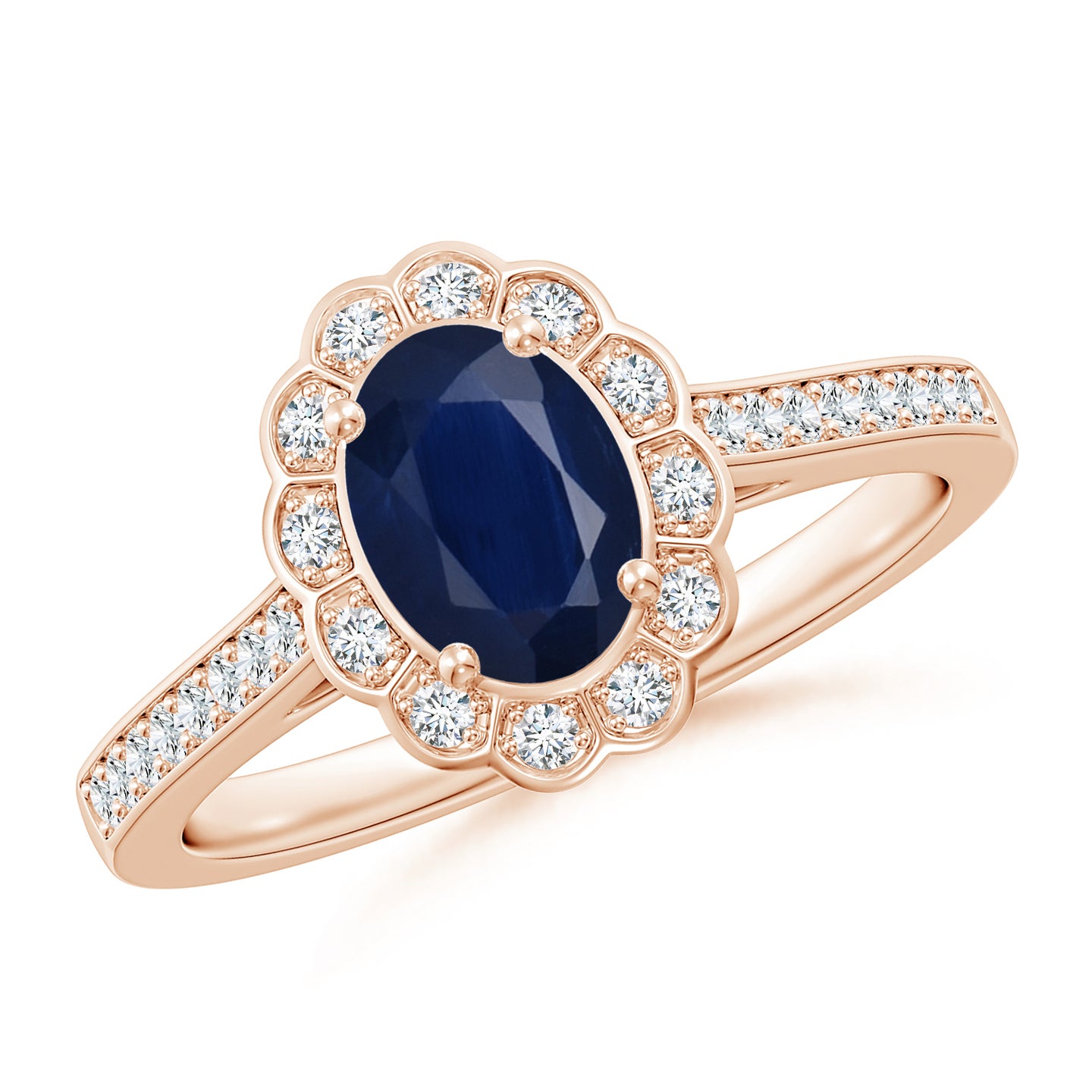 Vintage Style Sapphire & Diamond Scalloped Halo Ring