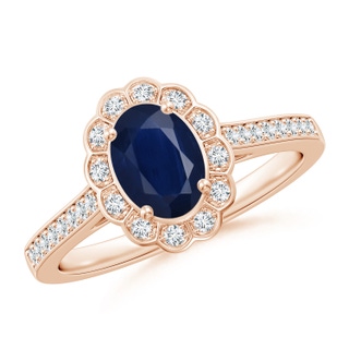 7x5mm A Vintage Style Sapphire & Diamond Scalloped Halo Ring in Rose Gold
