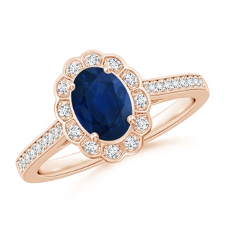 7x5mm AA Vintage Style Sapphire & Diamond Scalloped Halo Ring in Rose Gold