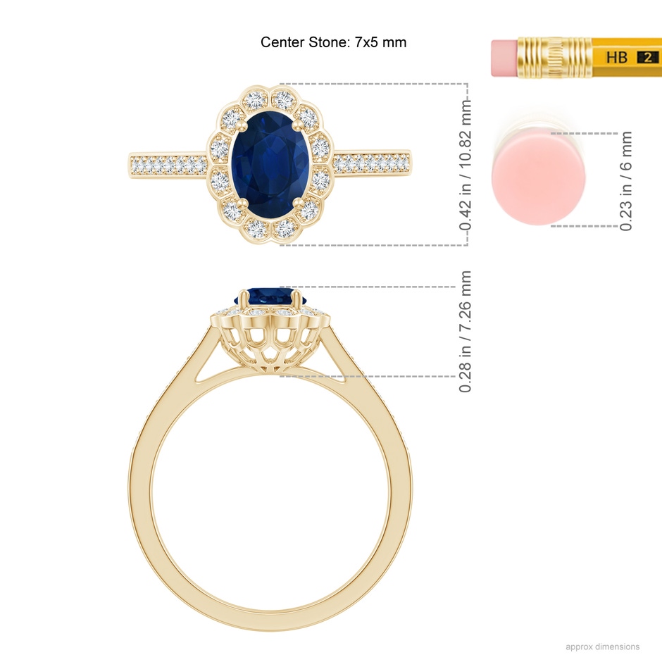 7x5mm AA Vintage Style Sapphire & Diamond Scalloped Halo Ring in Yellow Gold ruler