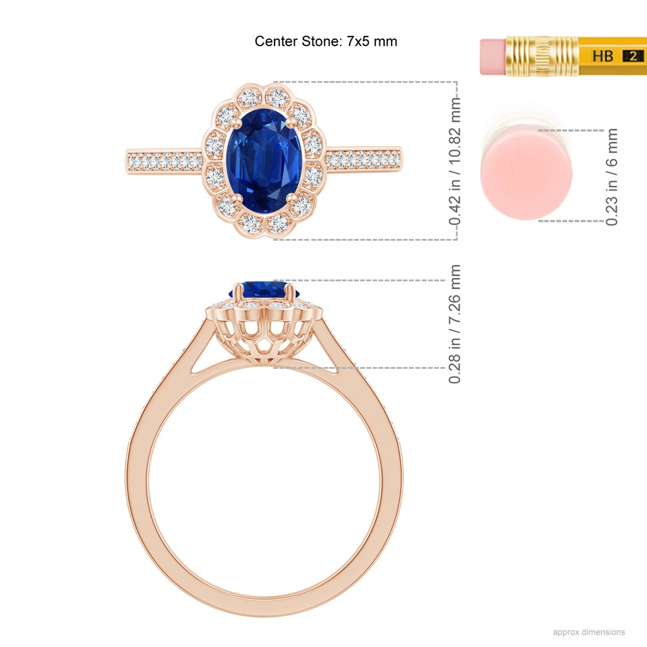 7x5mm AAA Vintage Style Sapphire & Diamond Scalloped Halo Ring in Rose Gold ruler
