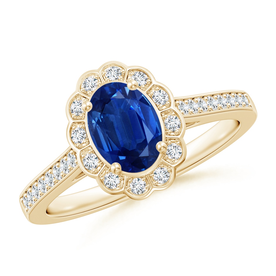 7x5mm AAA Vintage Style Sapphire & Diamond Scalloped Halo Ring in Yellow Gold 