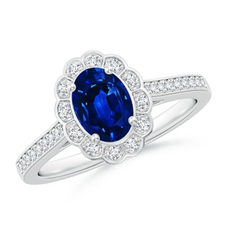 7x5mm AAAA Vintage Style Sapphire & Diamond Scalloped Halo Ring in White Gold