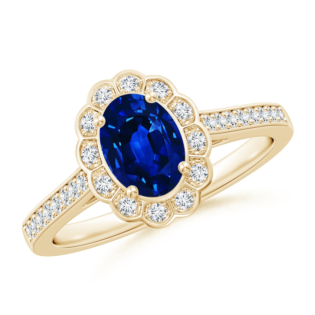 7x5mm AAAA Vintage Style Sapphire & Diamond Scalloped Halo Ring in Yellow Gold
