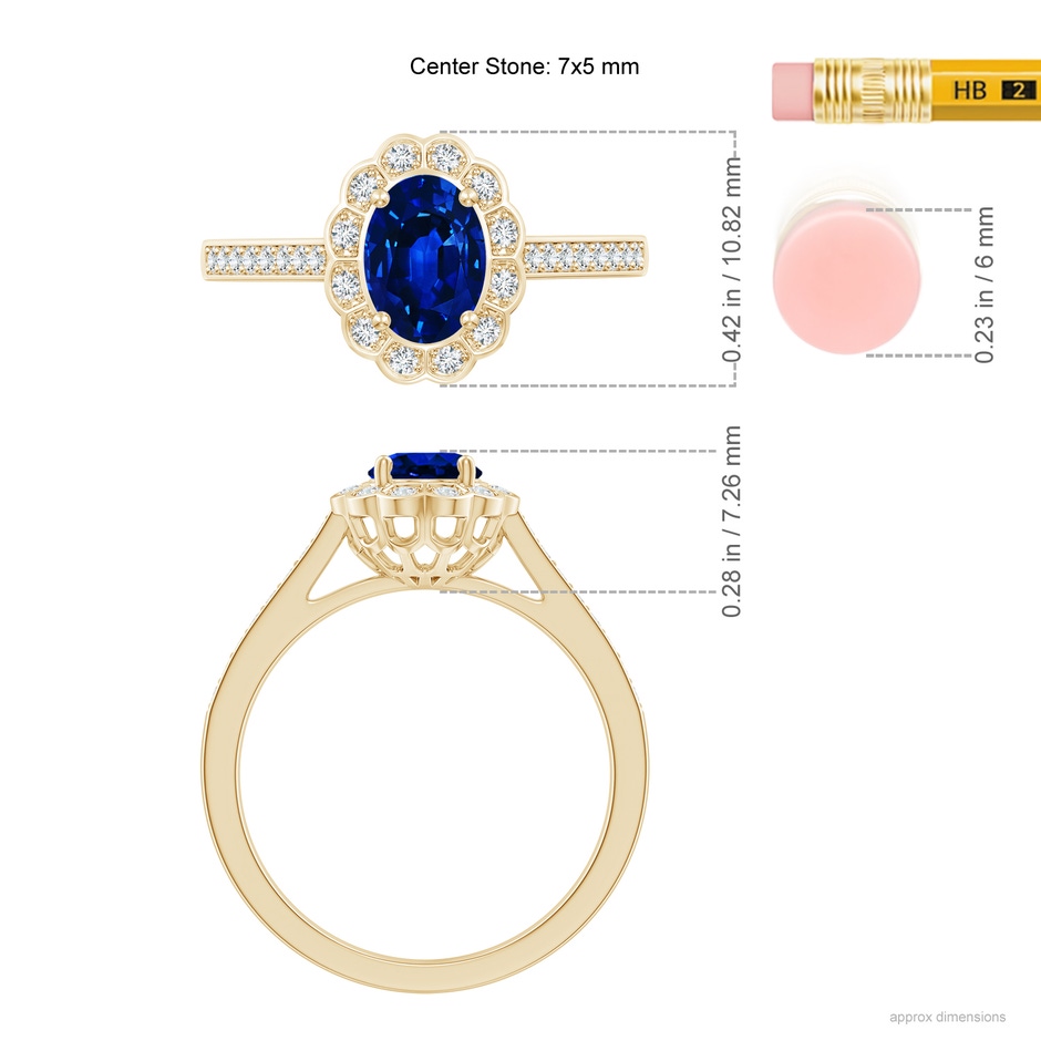 7x5mm AAAA Vintage Style Sapphire & Diamond Scalloped Halo Ring in Yellow Gold ruler