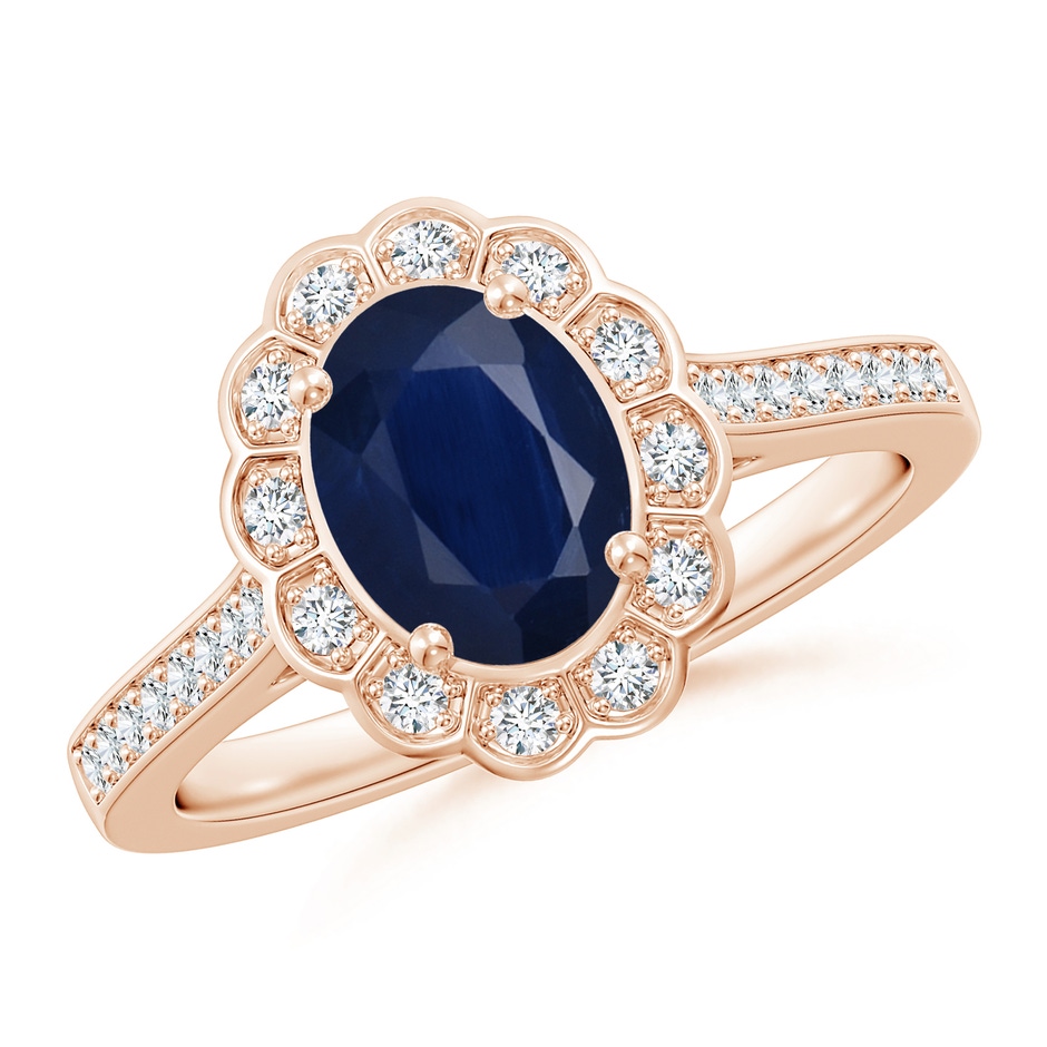8x6mm A Vintage Style Sapphire & Diamond Scalloped Halo Ring in 18K Rose Gold 